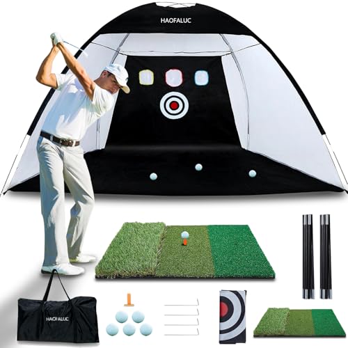 Golf Nets for Backyard Driving Real Golf Balls with Strike Zone Target - 10x7ft Heavy Duty Practice Net, Portable Golf Hitting Net for Outdoor/Indoor Training, Includes Carry Bag,Tri-Turf Hitting Mat