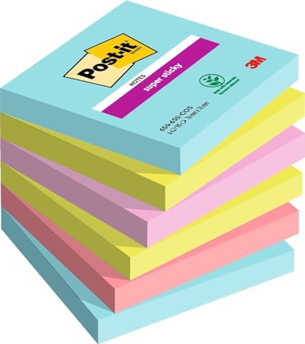 Post-it Super Sticky Notes Miami Collection 6546SMI samoprzylepne karteczki, 76 x 76 mm, 6 bloków kwadratowych, 90 arkuszy w 4 kolorach, turkusowy, neonowy zielony, neonowy różowy, czerwony