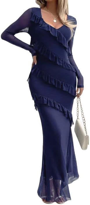 Womens Long Sleeve Mesh Bodycon Dress 2025 Fall Wedding Guest Cocktail Maxi Dresses - Image 5