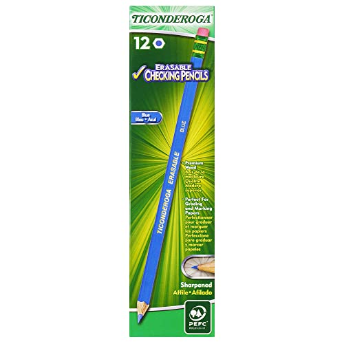 Image of Ticonderoga Erasable Checking Pencils with Eraser, Pre-sharpened, Red, 12-Pack (14259) & Erasable Checking Wood-Cased Pencils, Pre-Sharpened, Blue, 12 Count