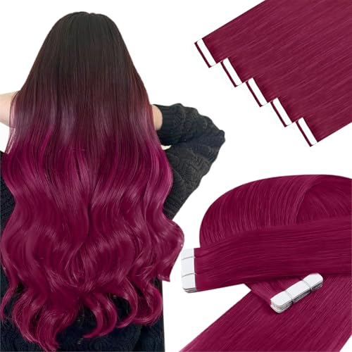 Image of YoungSee Tape in Extensions Colored, Tape in Hair Extensions Human Hair Magenta, Invisible Tape Hair Extension, 18 inch 10pcs 25g, for Prom