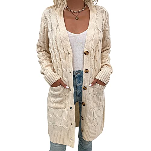 Beskie Women's Long Sleeve Cardigans Sweater Open Front Kimono Knitwear Loose Knitted Cardigan with Pockets Beige