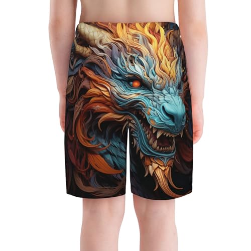 Boys Beach Board Shorts Swim Trunks Quick Dry Swimwear Kids Youth, Fire Dragon Cool Art4