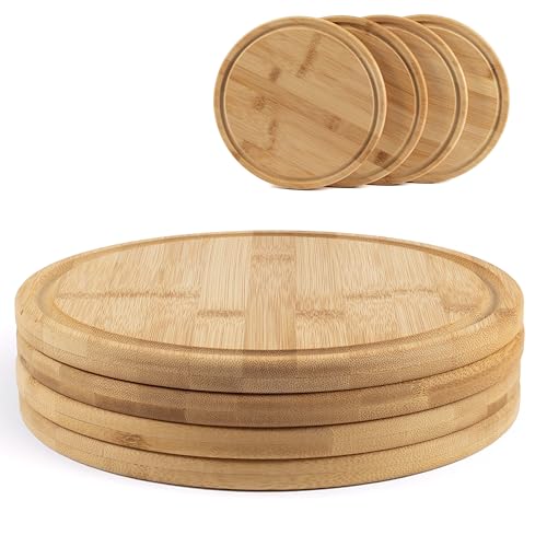 Hanseküche 4er Set Frühstücksbrettchen Bambus Rund Ø 25cm Nachhaltiges Schneidebrett Set mit Saftrille Messerschonendes Vesperbrett Brotzeitbrett & Servierbrett Robustes Naturdesign