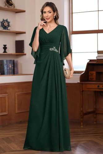 Mother of The Bride Dresses V Neck Pleats Half Sleeves Chiffon Long Formal Wedding Dresses 2025 AD1494