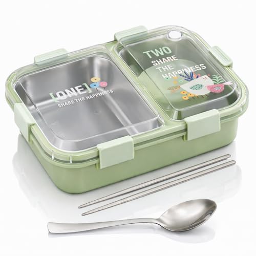 Image of KBV 2 Compartment Insulated Happiness Lunch Box BPA-Free Airtight Leakproof Dishwasher Safe Tiffin Box for Kids Boys & Girls Perfect for School Picnic Gifting (Green)