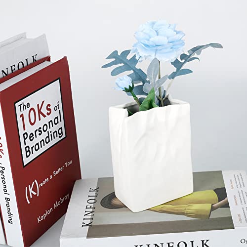 EUWBSSR Paper Bag Ceramic Vase Handmade Crinkle Paper Bag Shape Ceramic Vase Modern White Flower Vas