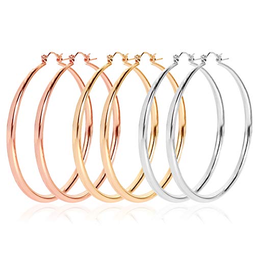 3 Pairs Big Hoop Earrings, Stainless Steel Hoop Earrings in Gold Plated Rose Gold Plated Silver Hoop Earrings for Women Girls