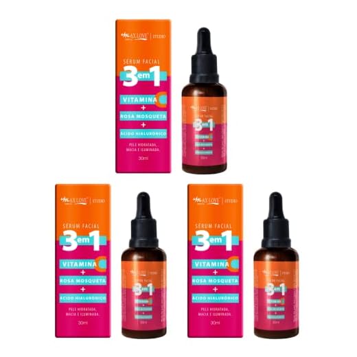 Serum Facial 3 em 1 Vitamina + C Rosa Mosqueta + Ácido Hialurônico - Pele Hidratada, Macia e Iluminada 30ml Max Love - Kit 3 Unidades