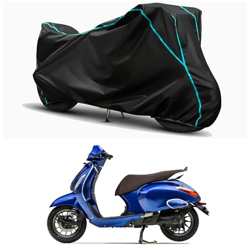 Image of Waterproof Bike Body Cover Compatible for | Bajaj Chetak | Taffeta Fabric, Sky Piping Design, Bottom Elastic Fit | Dustproof, Sun UV & Rain Protection for All Weather.