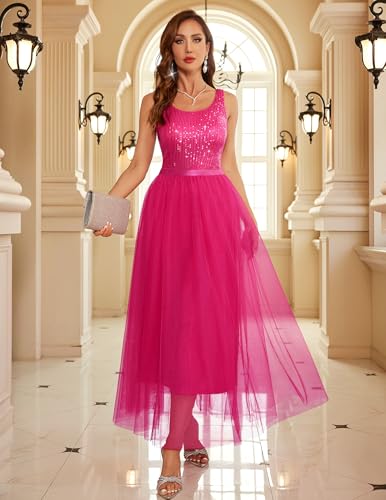 Image of BeryLove Sequin Dress for Woman Vintage A Line Wedding Formal Swing Mesh Dress Sleeveless Cocktail Maxi Gowns