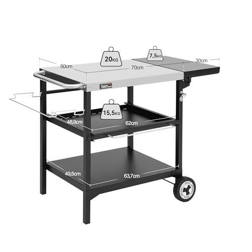 Royal Gourmet Outdoor Grilltisch, 3-Etagen Servierwagen mit 70 x 50 cm Edelstahl Tischplatte und 30 x 50 cm klappbarer Seitenablage, Beistelltisch Grillablagetisch Garten Trolley mit Push-Pull Regal
