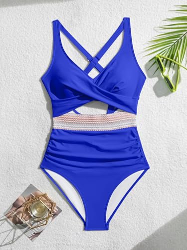 Image of B2prity Women's One Piece Swimsuit Tummy Control High Waisted Bathing Suit | Color Block,Removable Soft Cups,Cutout,V neck,Full Coverage,Adjustable Criss Cross Straps,Tie Back