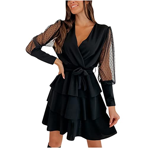 Damen Frauen Kleid Elegantes Tunika Kleid Swing Plissee Kleid mit Gürtel Herbst Winter Knielangen V-Ausschnitt Langarm Partykleid High Waist Rüsche Minikleid A-Linien Kleid Datumskleid(Schwarz,XL) Cover