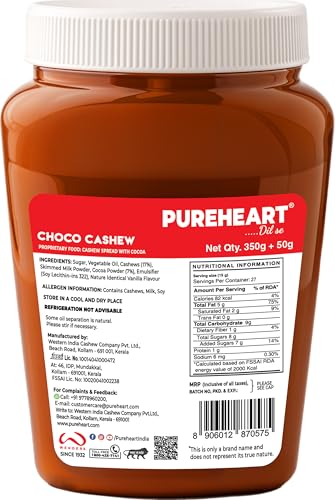 Image of PUREHEART Nut Spread Choco Cashew (350 +50 gm Extra) | Nutty, Smooth and Creamy Chocolate Cashew Spread for Breakfast - No. 1 Exporter of Roasted Nuts