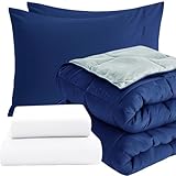 HIG Bettdecken Set, 2X Steppdecke 135x200 cm und 2X Kissenbezügen 80x80 cm + 2X Spannbettlaken 90x200cm, Marineblau+Weiß