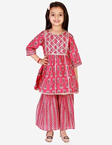 Superminis Girls Sanganeri Prints Frock Style Cotton Kurti With Full Length Sharara Set