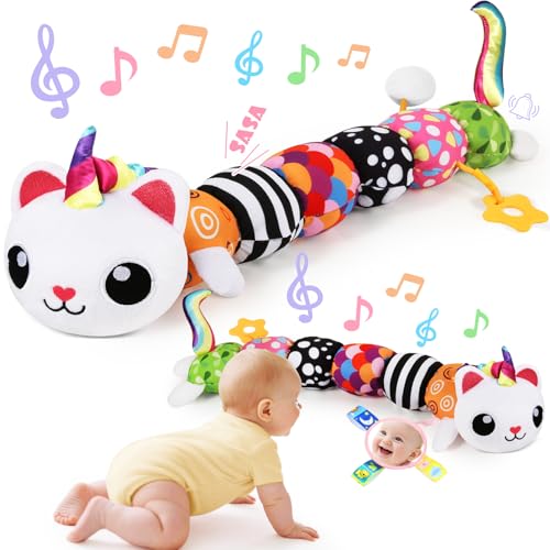 Image of Baby Toys 0-6 6-12 Months, Sensory Musical Animal Stuffed Toy for Infant 0-3 3-6 Months, Tummy Time Toys with Mirror Crinkle Rattle, Plush Unicorn Cat Toy Gifts for 0 1 2 3 4 5 6+ Months Boys Girls