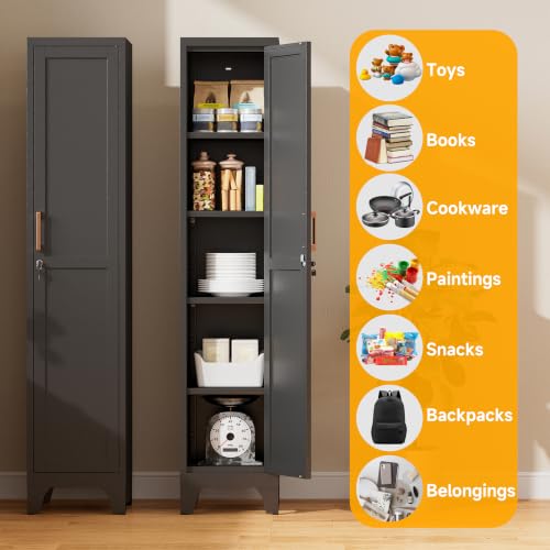 Image of 67 inchH Black Metal Locker with 1 Lockable Door and 4 Adjustable Shelves For Employees, 5 Tier Thin Storage Cabinet with Detachable Legs and Gold Handle for Kitchen,Office,Gym,School,Easy Assembly 2Pcs