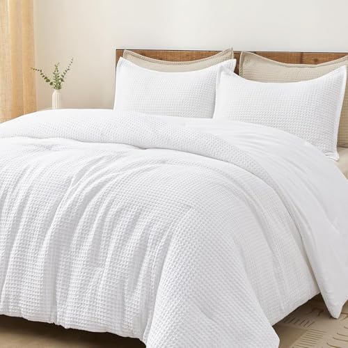 PHF Ultra Soft Waffle Weave Comforter Set California King Size 3 Pieces Lightweight Breathable Comfy Bedding Set Comfy Textured 1 Comforter with 2 Pillow Shams White
