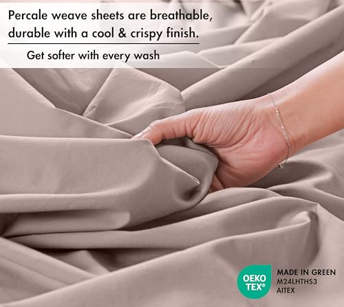 Image of RUVANTI 100% Cotton Percale Sheets, Full Size, Warm Mocha | Crisp Cooling, Deep Pocket 16 inch, Soft Breathable & Durable, Hotel-Style, 4 Piece Set