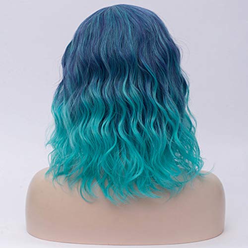 Image of BERON Blue Ombre Womens Short Curly Wavy Wig 14 inch Synthetic Party Halloween Hair Wigs Wig Cap Included
