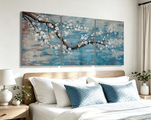 Image of Ejart Wall Art for Living Room 100% Hand-Painted Flower Oil Painting On Canvas Gallery Wrapped Large Framed Floral Plum Blossom Tree Teal Blue Artwork for Home Bedroom Decor 48 inchx24 inch