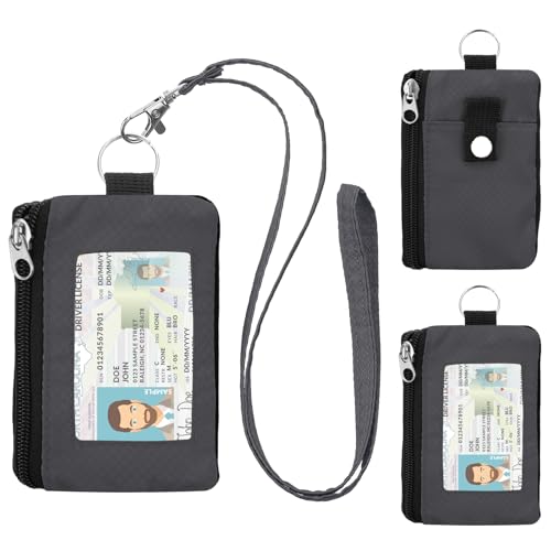 Image of Minimalist RFID Wallet with Lanyard, Multi-Functional ID Case with 2 Zipper Pockets and Key Chain for Men and Women, Tactical Badge Pouch Cards Holder, Coin Purse for Travel Sports-Gray