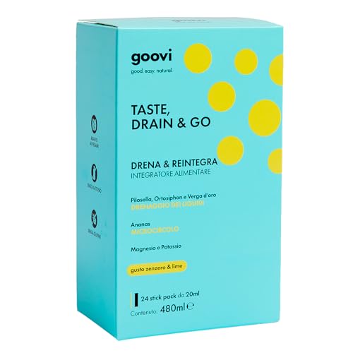 Goovi, Taste Drain & Go, Integratore Alimentare Drenante con Magnesio e Potassio, Favorisce il Microcircolo, con Estratti Vegetali di Ananas, Pilosella, Verga d'Oro, Gusto Zenzero e Lime, 24 Stick