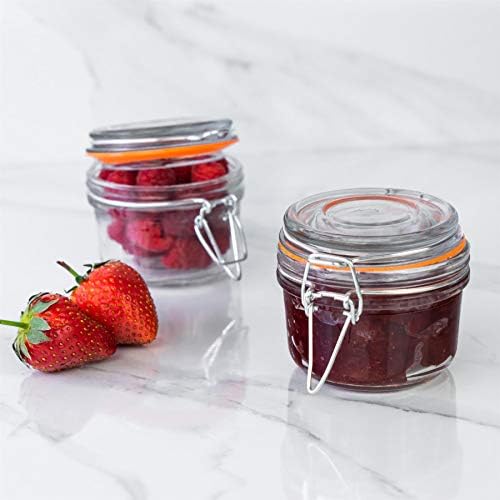 6X 125ml Clear Glass Storage Jars with Orange Airtight Silicone Seal and Metal Clip Lids - 4.2oz Small Empty Kitchen Food Containers - by Argon Tableware