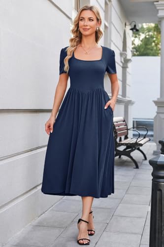Image of Newshows Women's Summer Square Neck Ribbed Knit Short /Long Sleeve A Line Flowy Midi Dress with Pockets