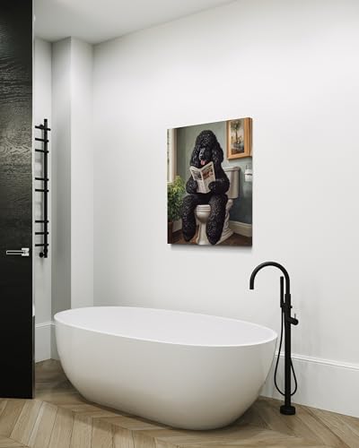 Image of Poodle Black on Toilet Wall Art Print Canvas Wrapped, Dog Bathroom Humor Decor Posters Prints for Restroom Home Picture Painting Artwork Gallery 7 (Poodle Black, 20 inchL x 16 inchW CANVAS, Wrapped Canvas)