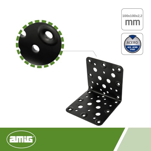 Amig - Perforiertes Metallquadrat | 100 x 100 x 2,2 mm | Befestigung von Holzkonstruktionen | Zur Verankerung von Balken, Dächern und Wangen | Schwarzer Stahl