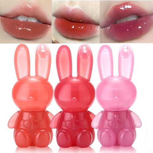 Sitovely Lot de 3 rouges à lèvres liquides en forme de lapin - Gloss brillant à lèvres - Porte-clés - Gloss à lèvres anti-adhésif - Gloss à lèvres repulpant - Pour filles