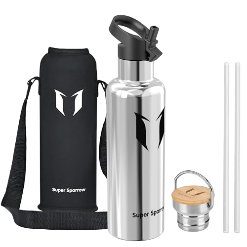 Super Sparrow Botella Agua Acero Inoxidable - Botella Agua Niños - 1L - Botella Termica Boca Estándar - Sin BPA, para Niños & Adultos, Deporte, Oficina, Yoga, Ciclismo