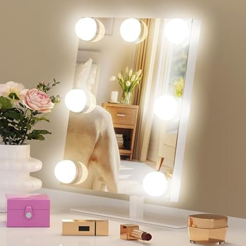 Vanity Mirror with Lights, Hollywood Lighted Makeup Mirror with Dimmable LED Bulbs, with 10× Magnification Mirror, Memory, Adjustable 3 Colors, 360°Rotation(White) Cover