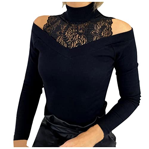 KUKICAT Femme T Shirt Sexy Épaule Dénudée Pullover Dentell Patchwork Col Roulé Haut Hollow Out Slim Fit Chemise Hiver