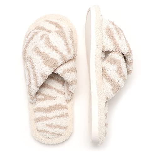 Mirmaru Women’s Animal Print Comfort Fluffy Fuzzy Slip On House Slippers Open Toe Cross Band Indoor Outdoor Non-Slip Slippers For Women (Zebra Crossband, Beige, Ml) #TOP4