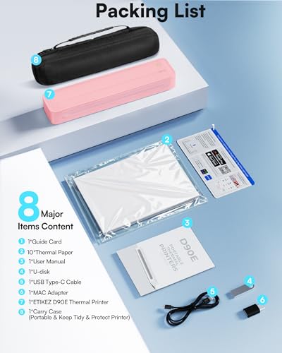 Image of D90E Inkless Portable Printer for Travel, Supports 8.5 x 11 Inch Thermal Paper Wireless Thermal Printer Bluetooth, with Travel Case & 10 Sheets for Students, Office, School, Pink 1pack
