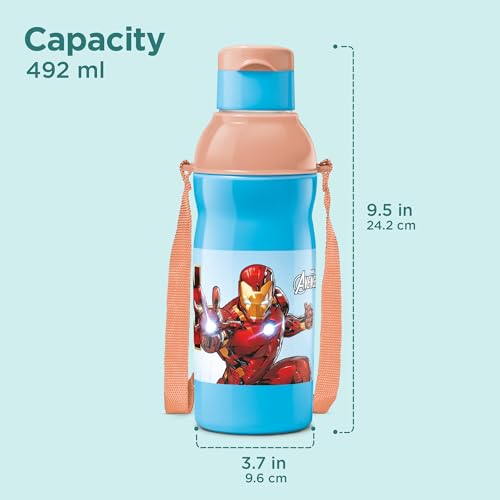 Image of Milton Marvel Kool Elite 600 Insulated Water Bottle for School Kids I Food Grade I Leak Proof Flip Top Lid, Easy to Carry Loop, Insulated Thermo Sipper Bottle for Kids,492 ml,Sky Blue (Iron Man print)