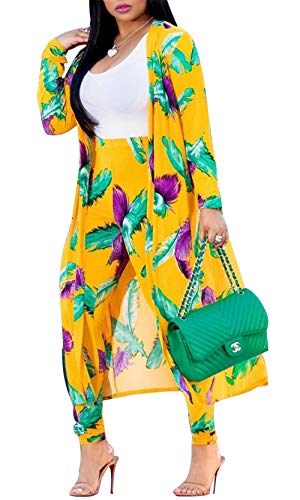 Womens 2 Piece Outfits Stripes Floral Print Open Front Cardigan Kimono and Long Pants Set (Yellow1, S)