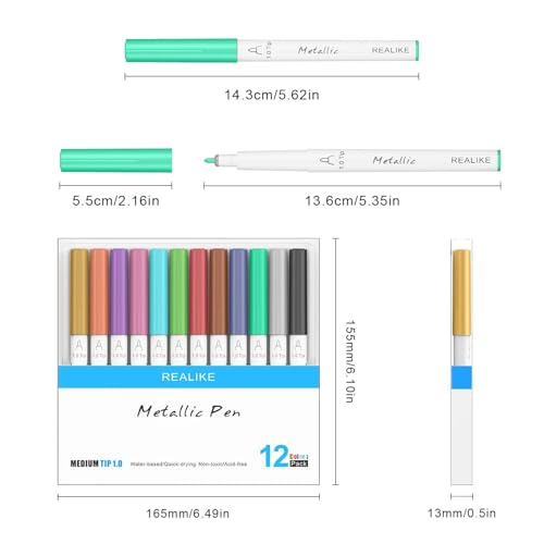 Image of REALIKE Metallic Pens for Cricut Maker 3 /Maker 4 /Maker /Explore 3 /4 /5 /Air 2 /Air, Multicolor Marker Pens Set of 12 Pack Drawing Coloring Pens Compatible with Cricut Machine (1.0 Tip)