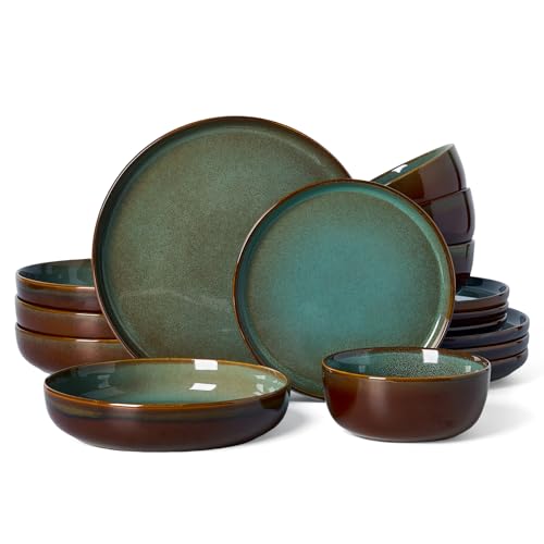 Image of Famiware Milkyway Stoneware Dinnerware Set, 16-Piece, Including Pasta Bowl, Double Reactive Glaze, Plates and Bowls, Service for 4, Microwave and Dishwasher Safe, Scratch-Resistant, Moss Green & Cocoa