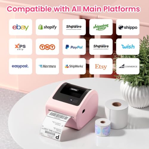 Image of Bluetooth Shipping Label Printer with 3 Roll Labels, D450BT Pink Thermal Label Printer 4x6 for Small Business, Thermal Printers Come with 750PCS 4x6 White Labels (250 Labels /Roll)