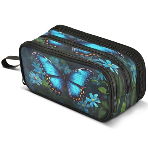 Image of ALAZA Blue Butterfly Flower Large Pencil Case, Pen Pouch Pencil Bag with 3 Compartments Pen Holder Organizer Stationery Bag