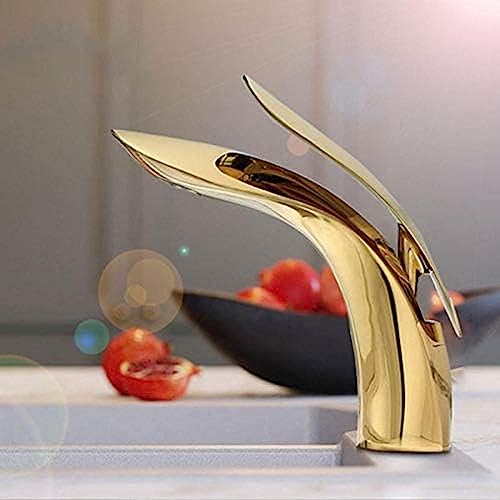 Short Basin Sink Faucets Gold Finish Hot Cold Mixer Crane Tap Deck Mount Streamline Design