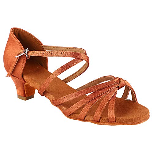 JTLB Latin Dance Brown Children Girl Dance Shoes, 4cm High Heel, Classical & Fashionable, Breathable, Non Deformation Dance Shoes, with Fine Material, (28)2