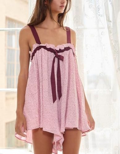 Image of Women Y2K Tie Shoulder Mini Dress Bow Babydoll Ruffle Short Dress Summer Boho Floral Flowy Beach Sundress (132 Pink,M)
