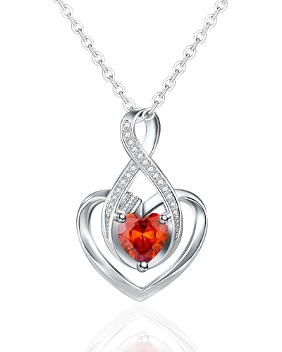 Mesovor Collar de Plata con Corazón Infinito para Mujer, Joyería Chapada en Plata de Ley | Collar con Colgante de Piedra Natal con Circonita Cúbica de Amor (Naranja-Rojo)