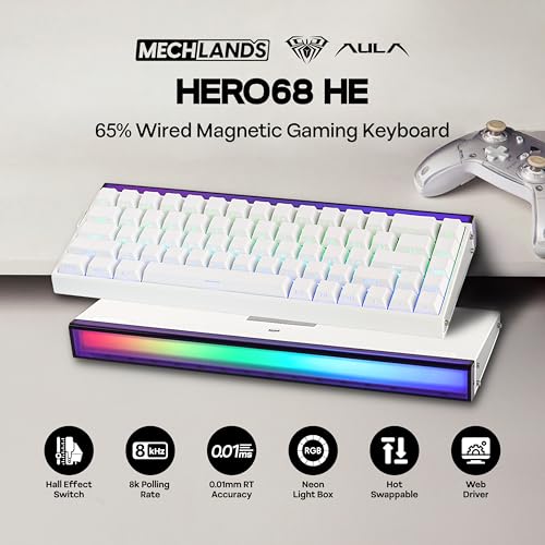 Image of MechLands Aula Hero68 HE Wired Magnetic Gaming Keyboard, Rapid Hall Effect Keyboard with 0.01mm Adjustable Actuation, 8kHz Polling, 5-Layer Sound Dampening, RGB Lightbox & Backlit (White)